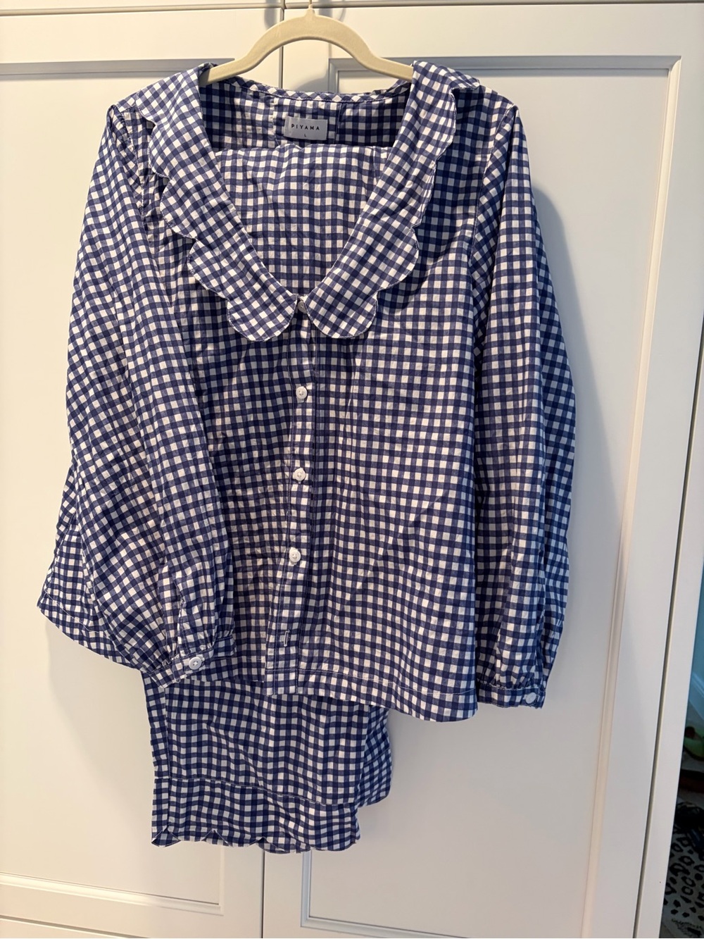 Gingham Ruffle Collar Pajama Set in Navy and White
